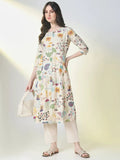 Women's Cream Animal Print A Line Kurta Set