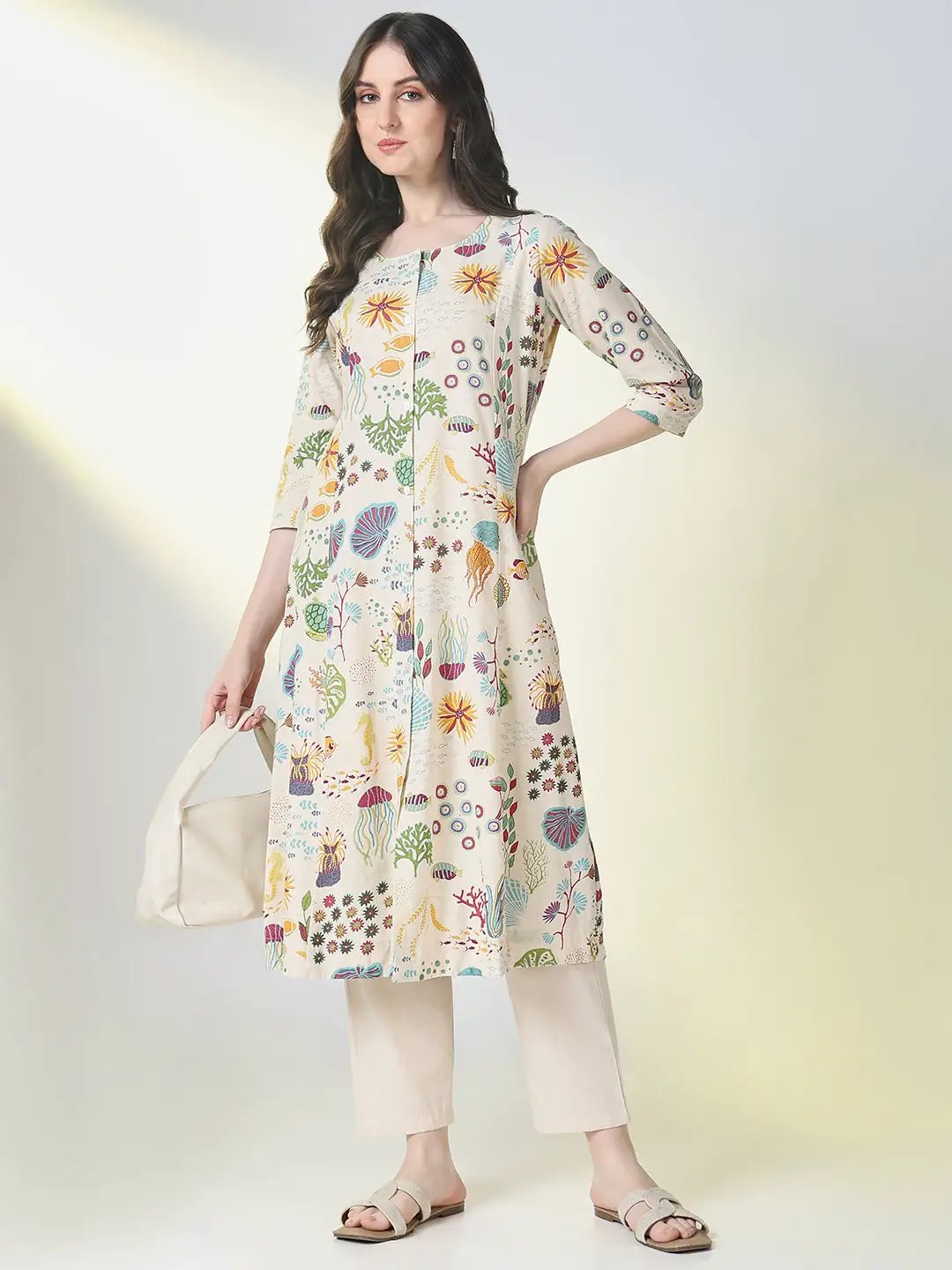 Women's Cream Animal Print A Line Kurta Set