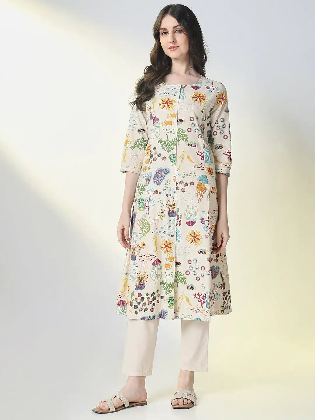 Women's Cream Animal Print A Line Kurta Set