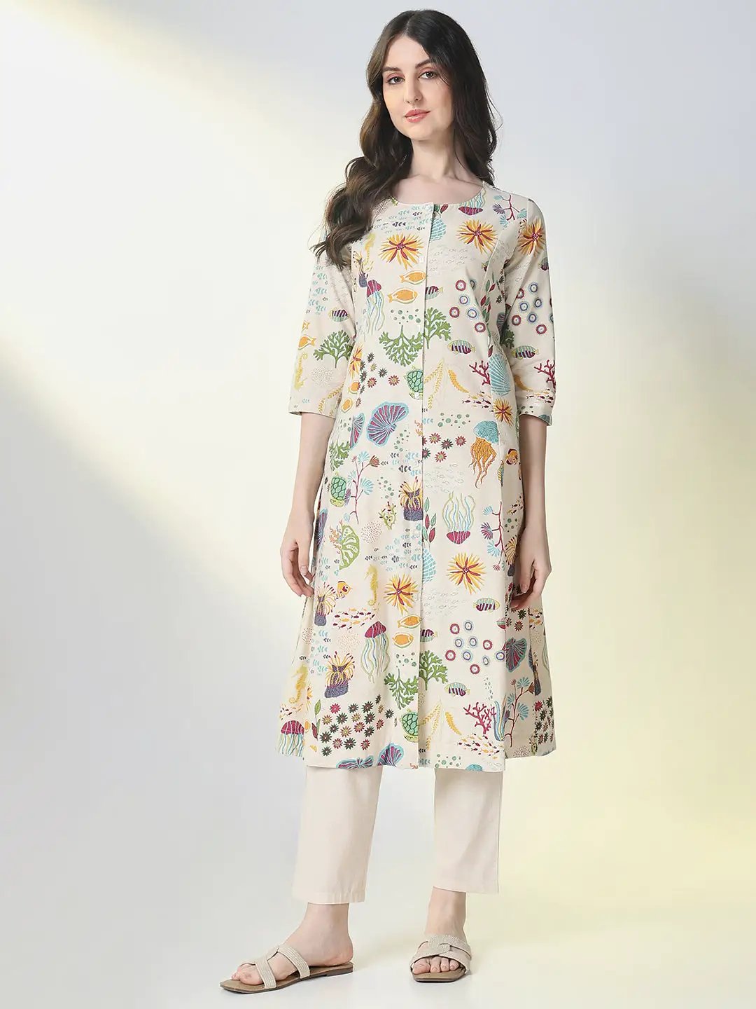 Women's Cream Animal Print A Line Kurta Set