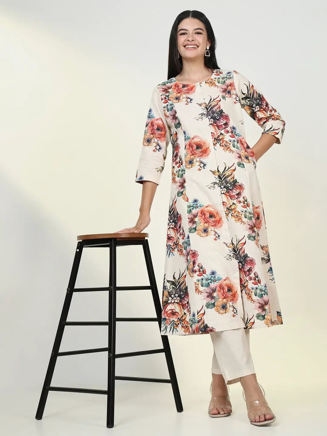 Women's Ethnic Floral Cream A Line Kurta Set