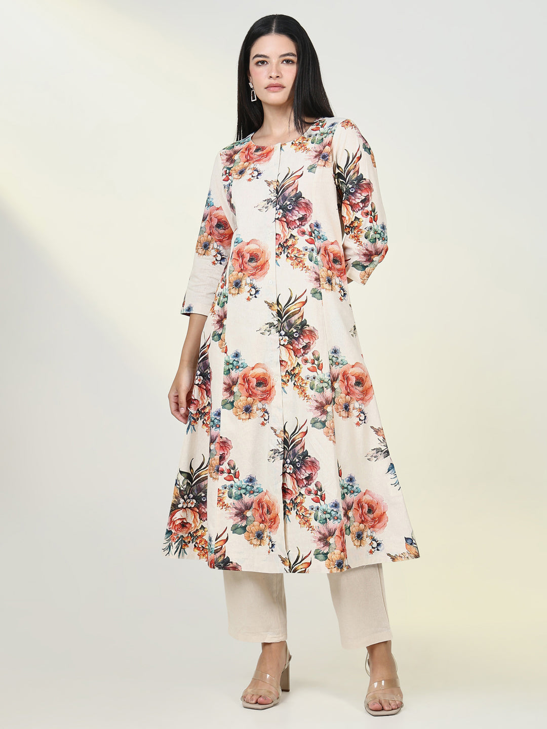 Women's Ethnic Floral Cream A Line Kurta Set