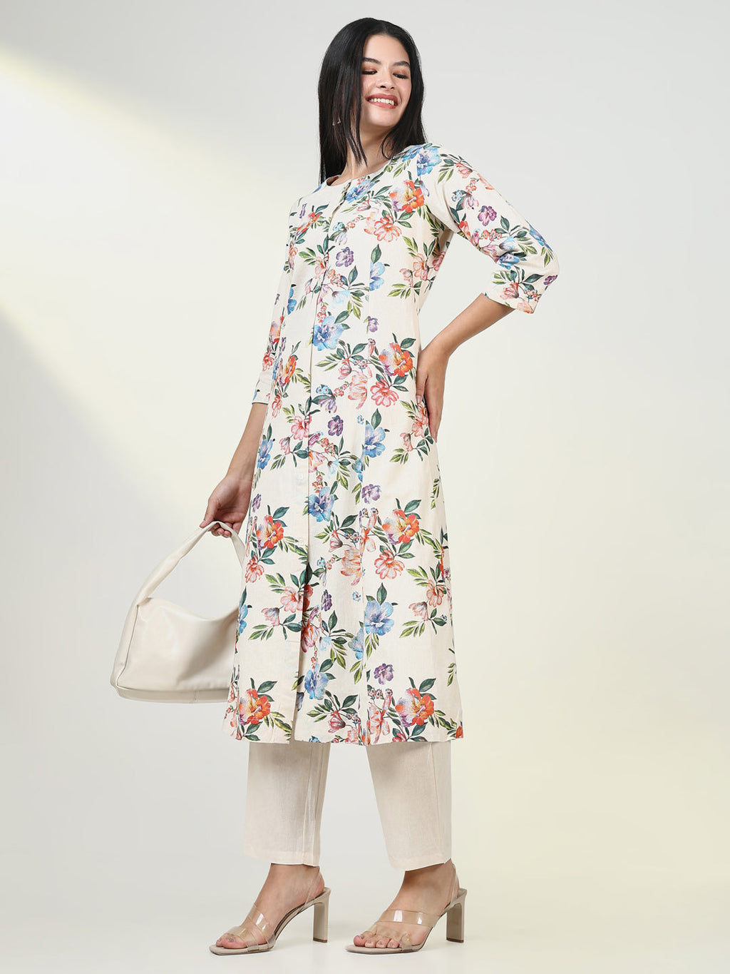 Women's Floral Cream A Line Kurta Set