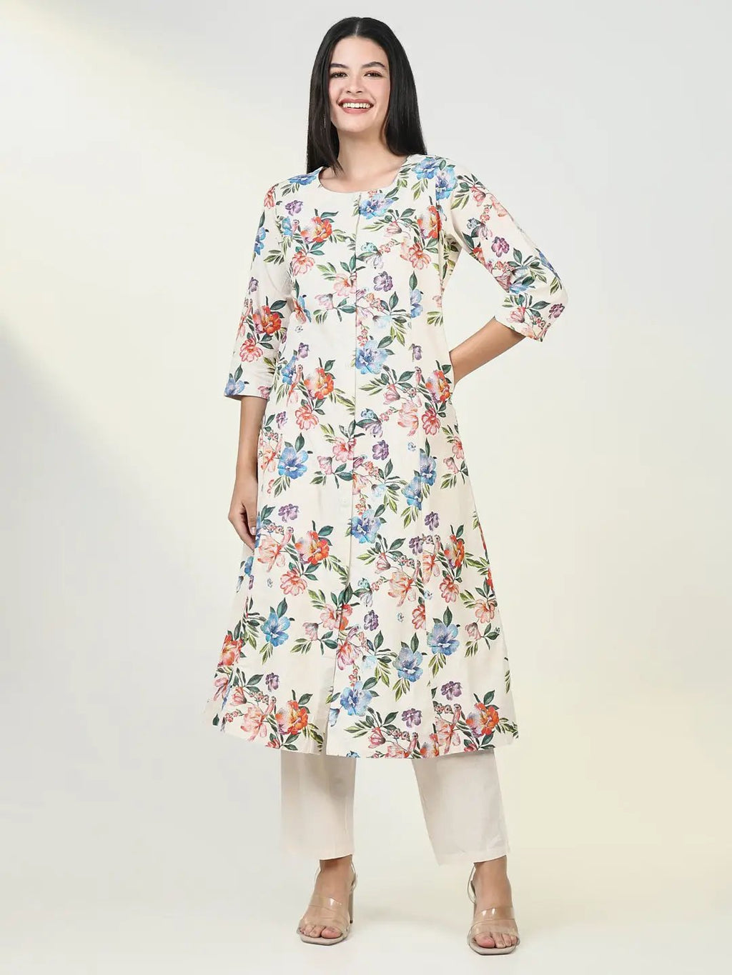 Women's Floral Cream A Line Kurta Set