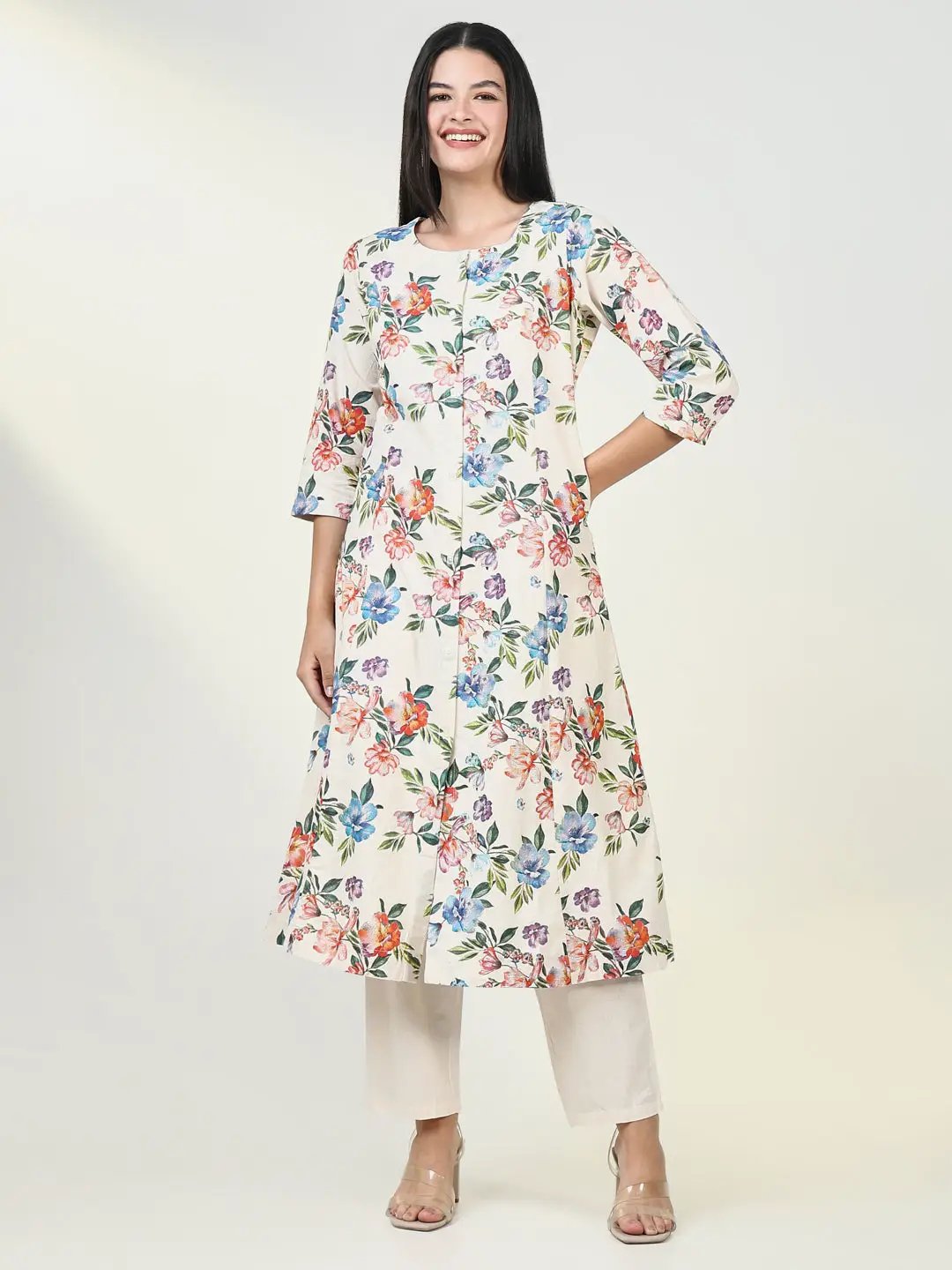 Women's Floral Cream A Line Kurta Set