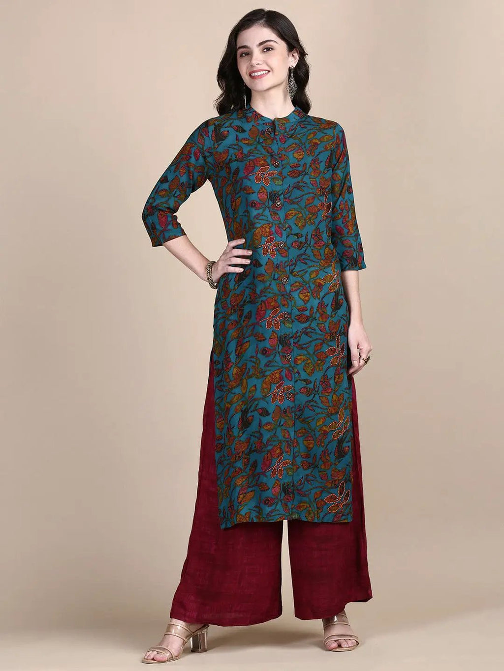 Women's Floral Green Ethnic Straight Kurta Set