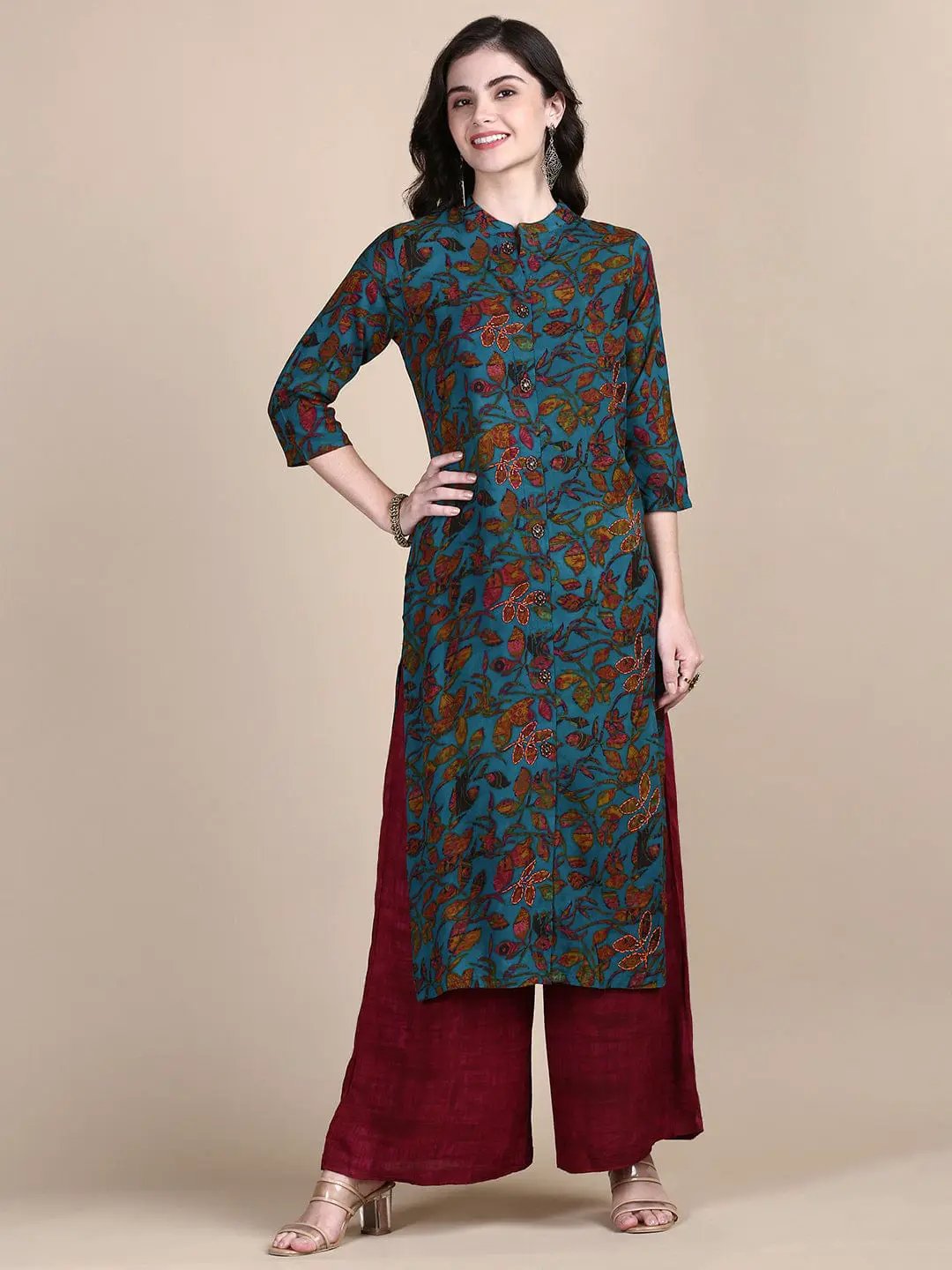 Women's Floral Green Ethnic Straight Kurta Set