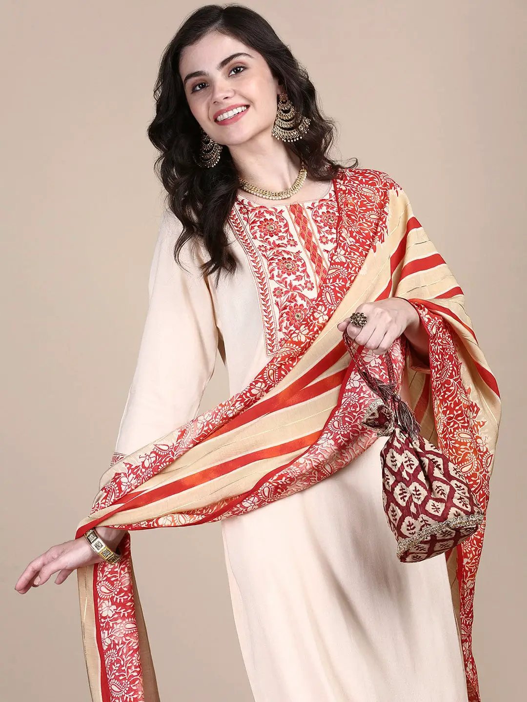 Women's Solid Peach Straight Kurta Set with Dupatta