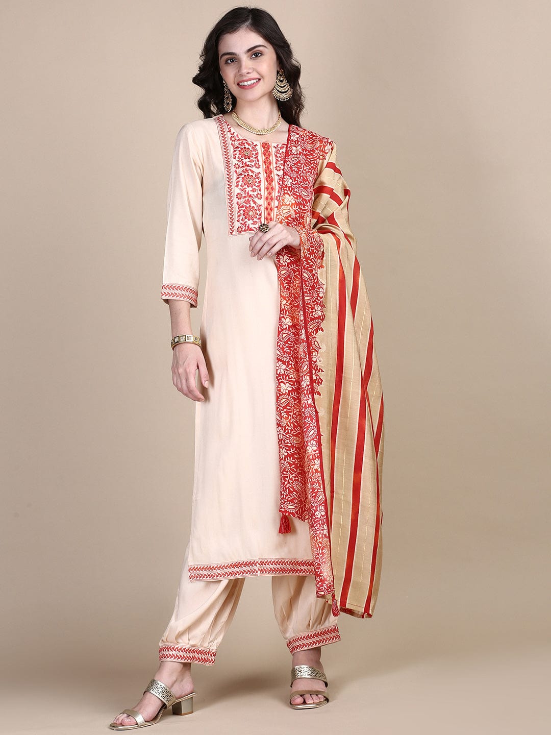 Women's Solid Peach Straight Kurta Set with Dupatta