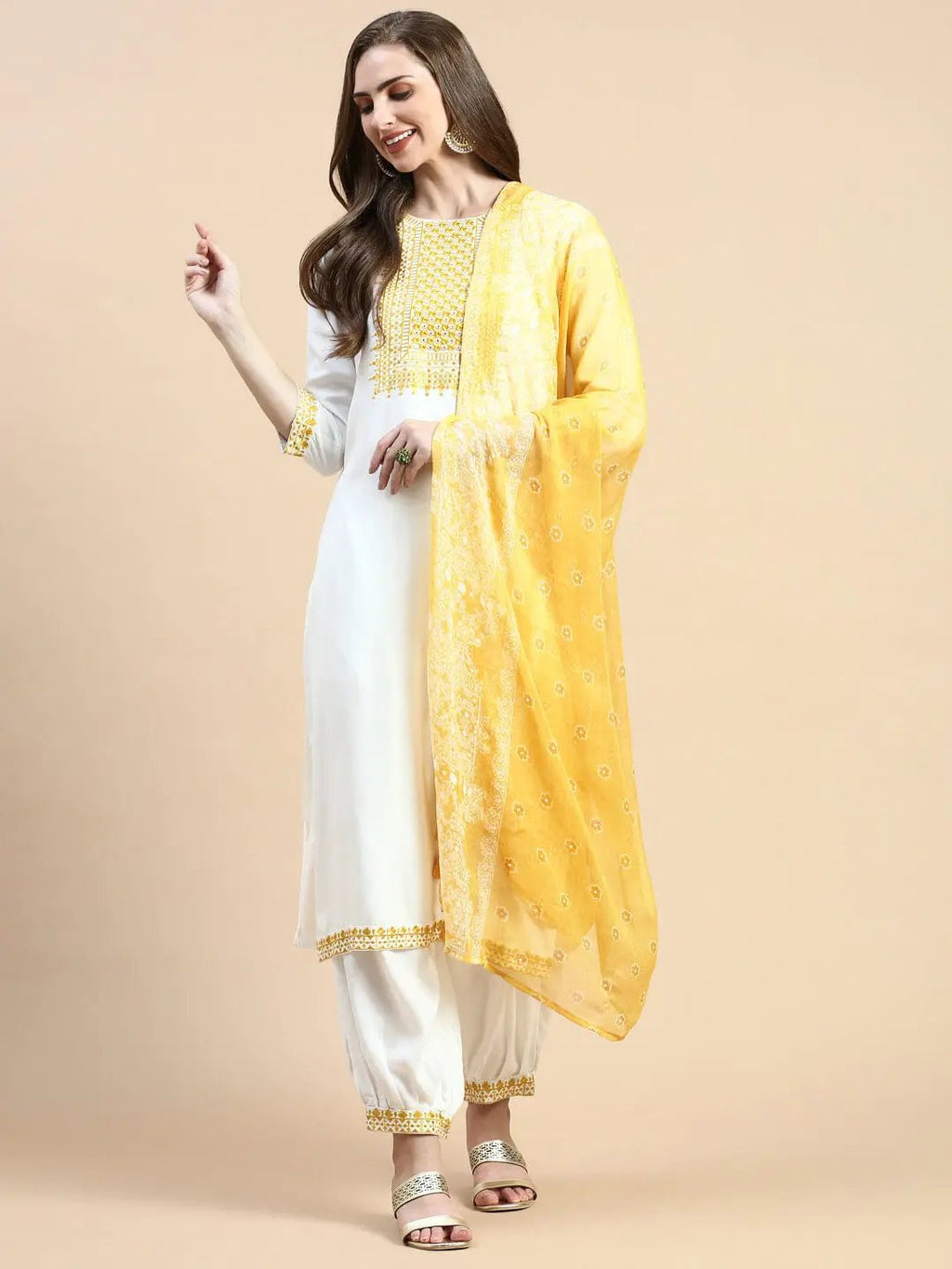 Women's Solid Cream Straight Kurta Set with Dupatta