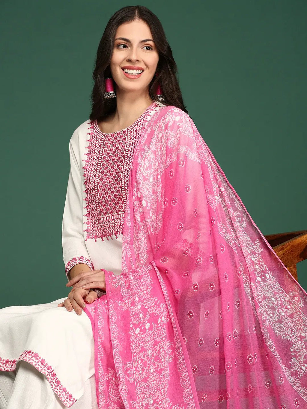 Women's Solid White Straight Kurta Set with Dupatta