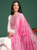 Women's Solid White Straight Kurta Set with Dupatta
