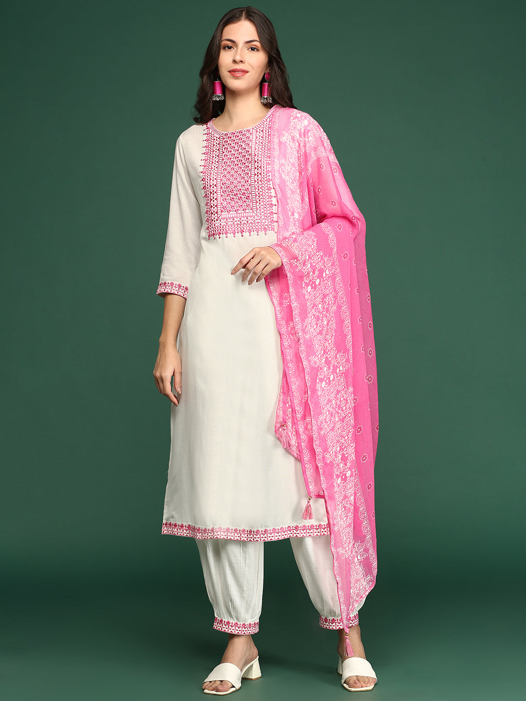 Women's Solid White Straight Kurta Set with Dupatta