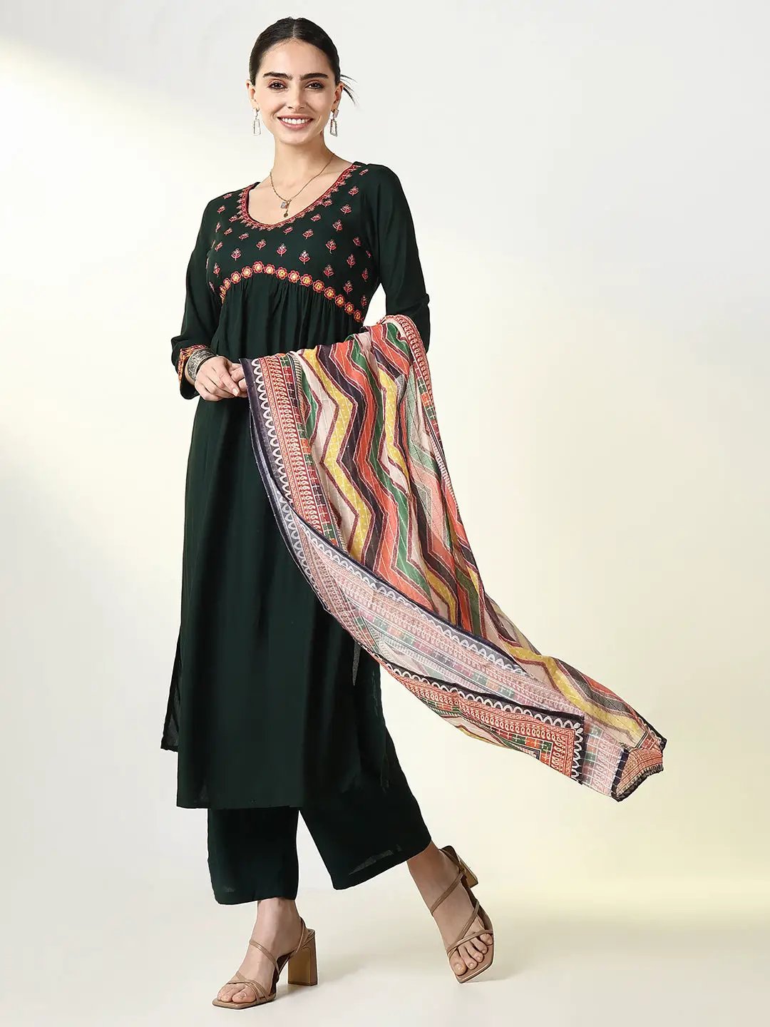 Women's Solid Green A Line Kurta Set with Dupatta