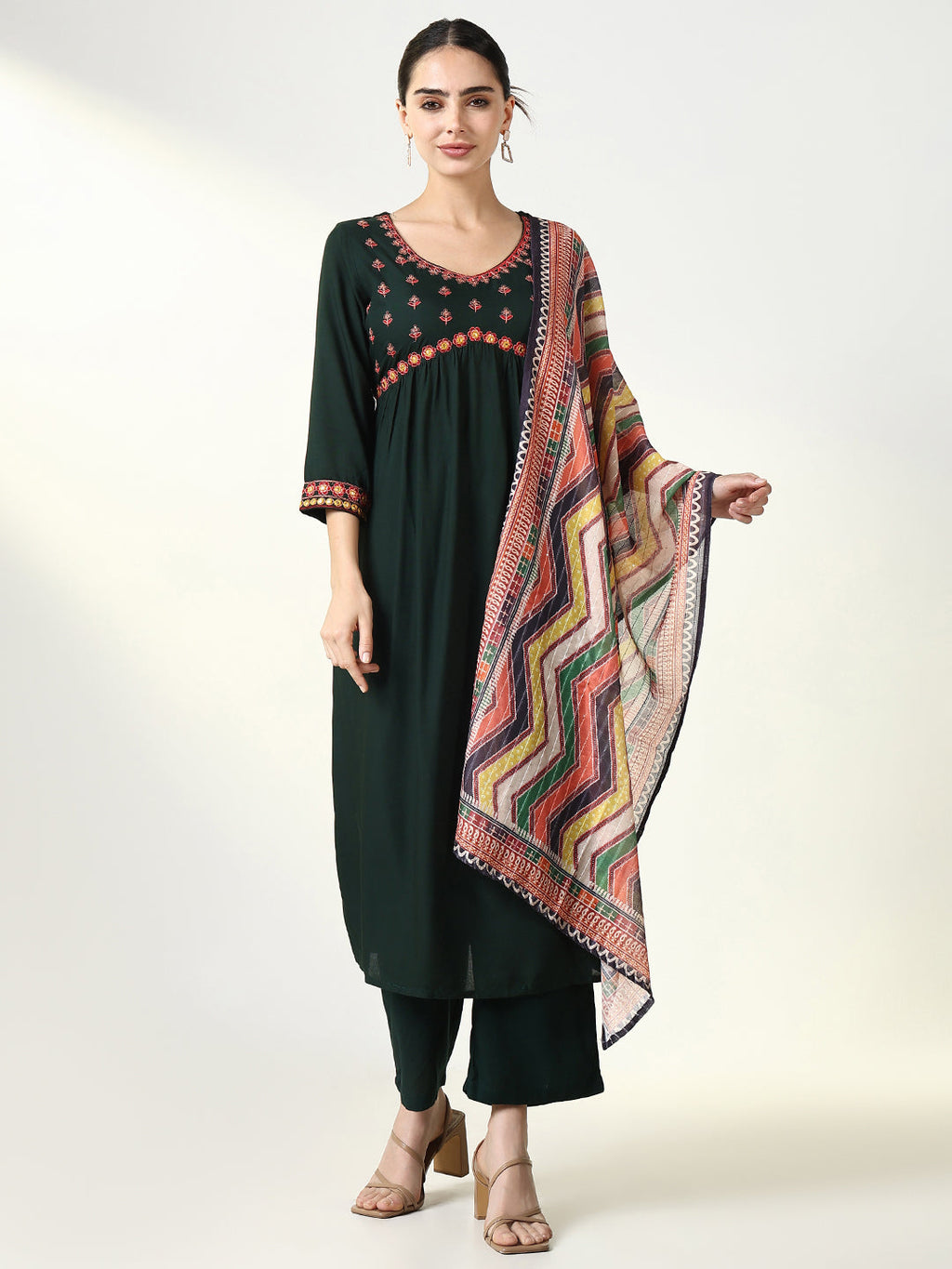Women's Solid Green A Line Kurta Set with Dupatta