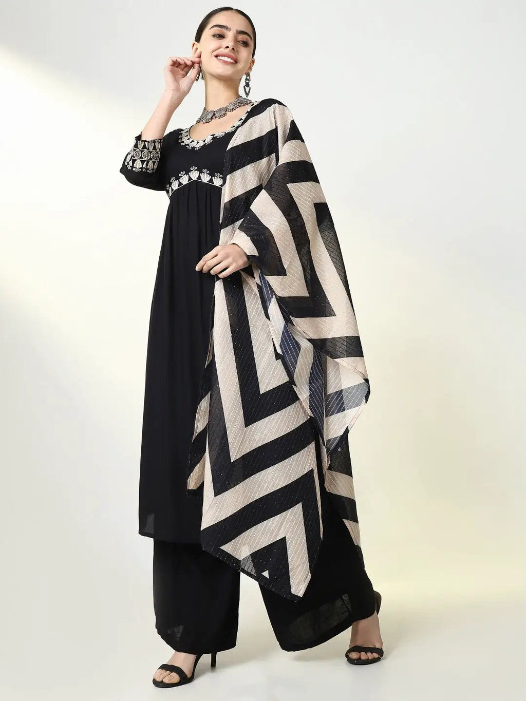 Women's Solid Black Straight Kurta Set with Dupatta