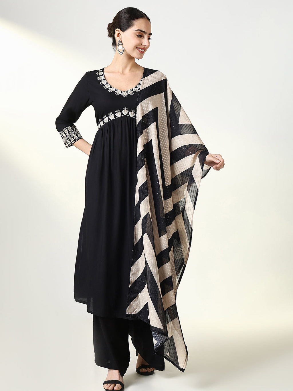 Women's Solid Black Straight Kurta Set with Dupatta