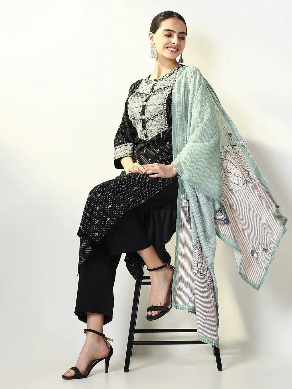 Women's Printed Graphic Black Straight Kurta Set with Dupatta