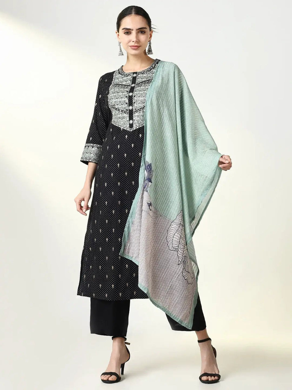 Women's Printed Graphic Black Straight Kurta Set with Dupatta