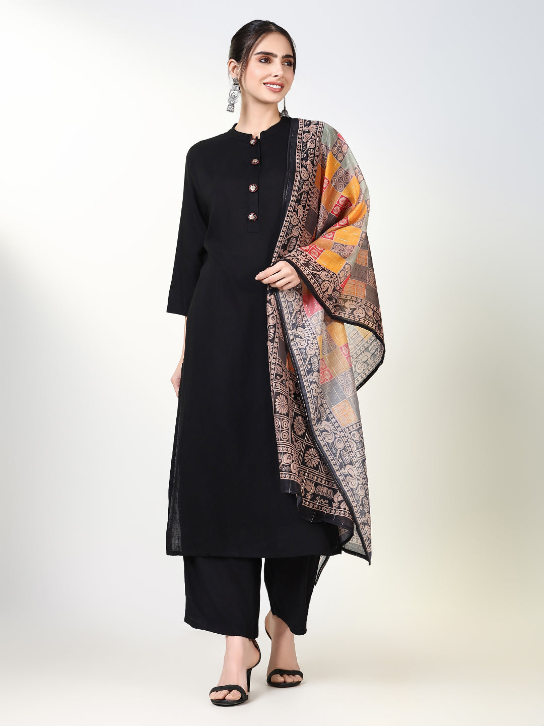 Women's Ethnic Solid Black Straight Kurta Set with Dupatta