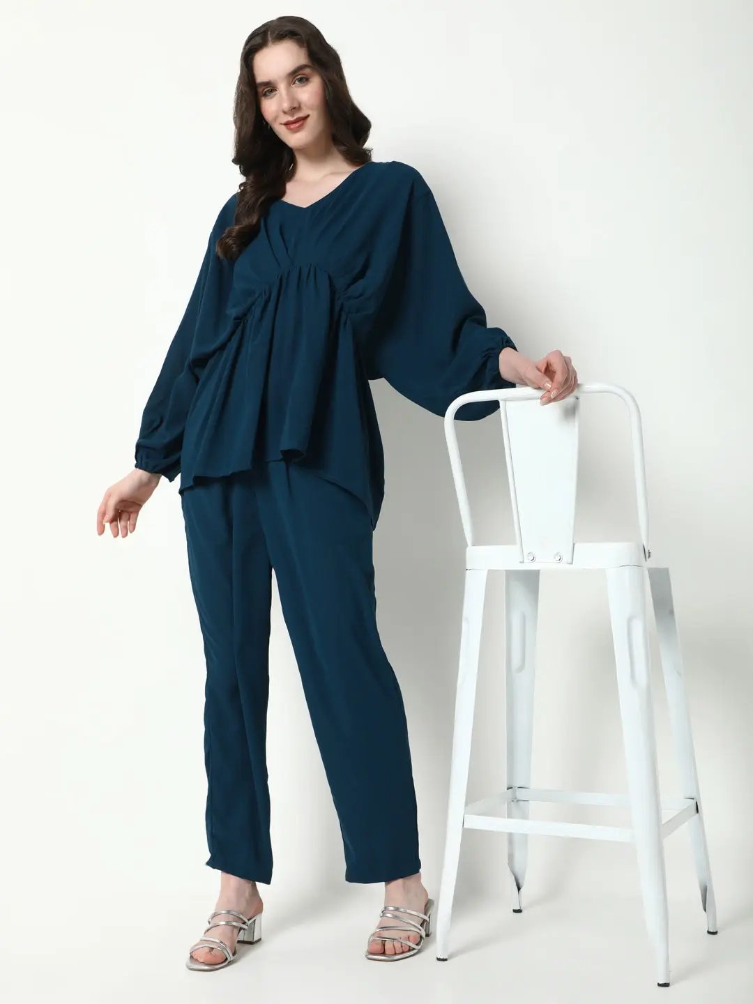 Women's Teal Solid Co-Ords Set