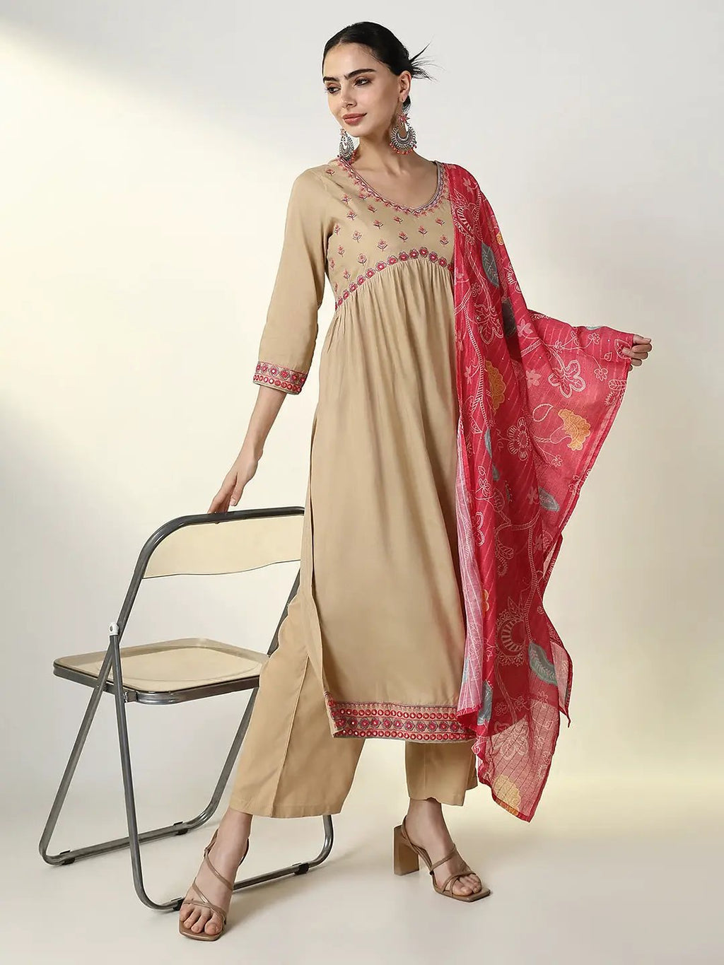 Women's Graphic Beige A Line Kurta Set with Dupatta