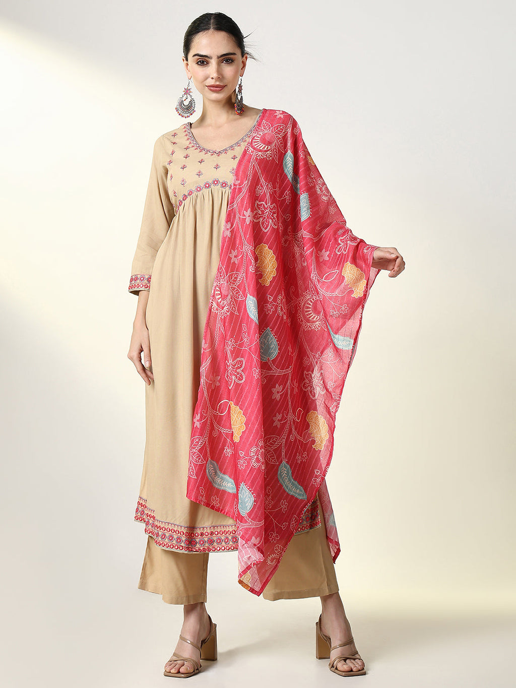 Women's Graphic Beige A Line Kurta Set with Dupatta