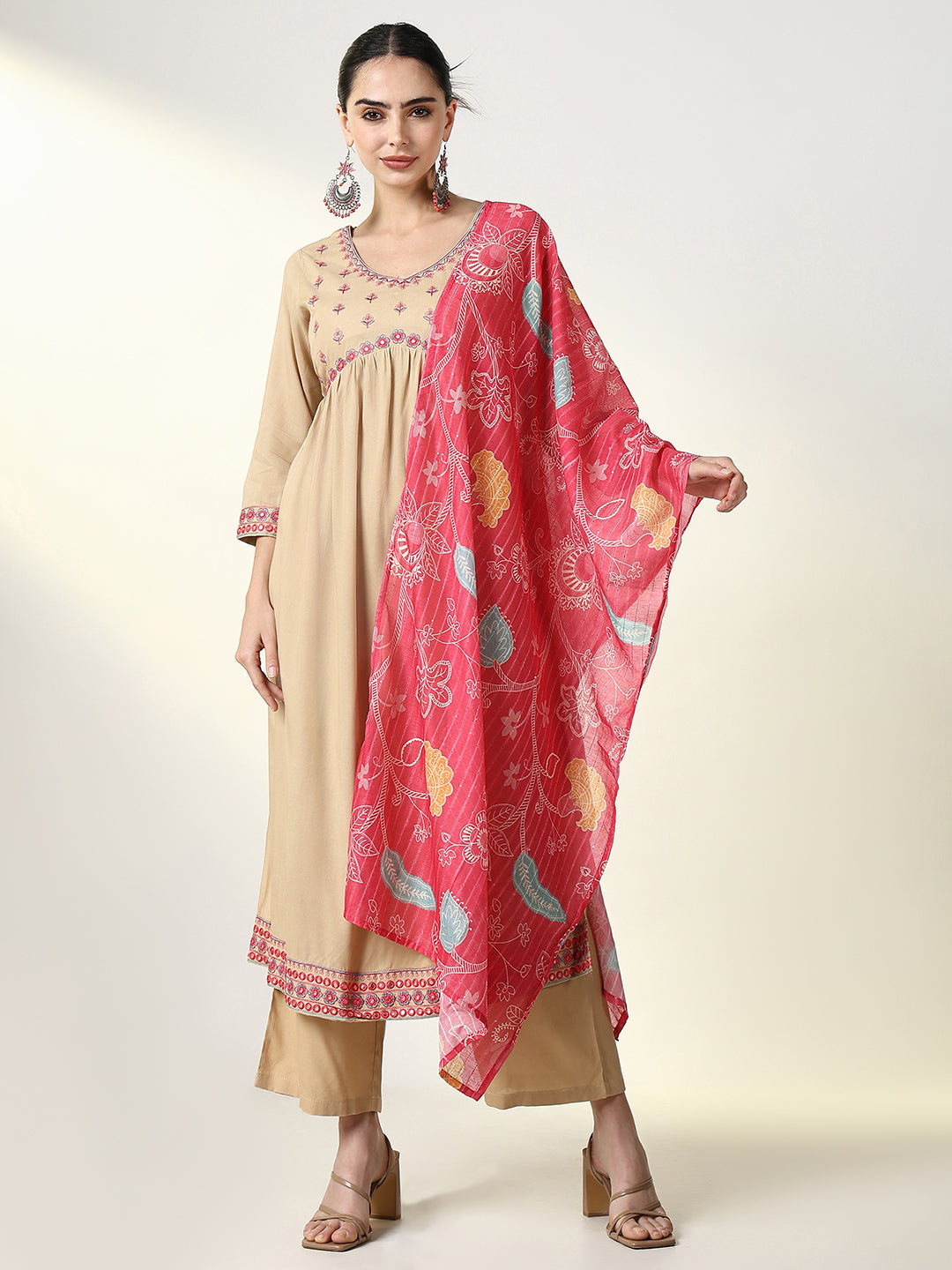 Women's Graphic Beige A Line Kurta Set with Dupatta