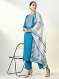 Women's Ethnic Solid Blue Straight Kurta Set with Dupatta