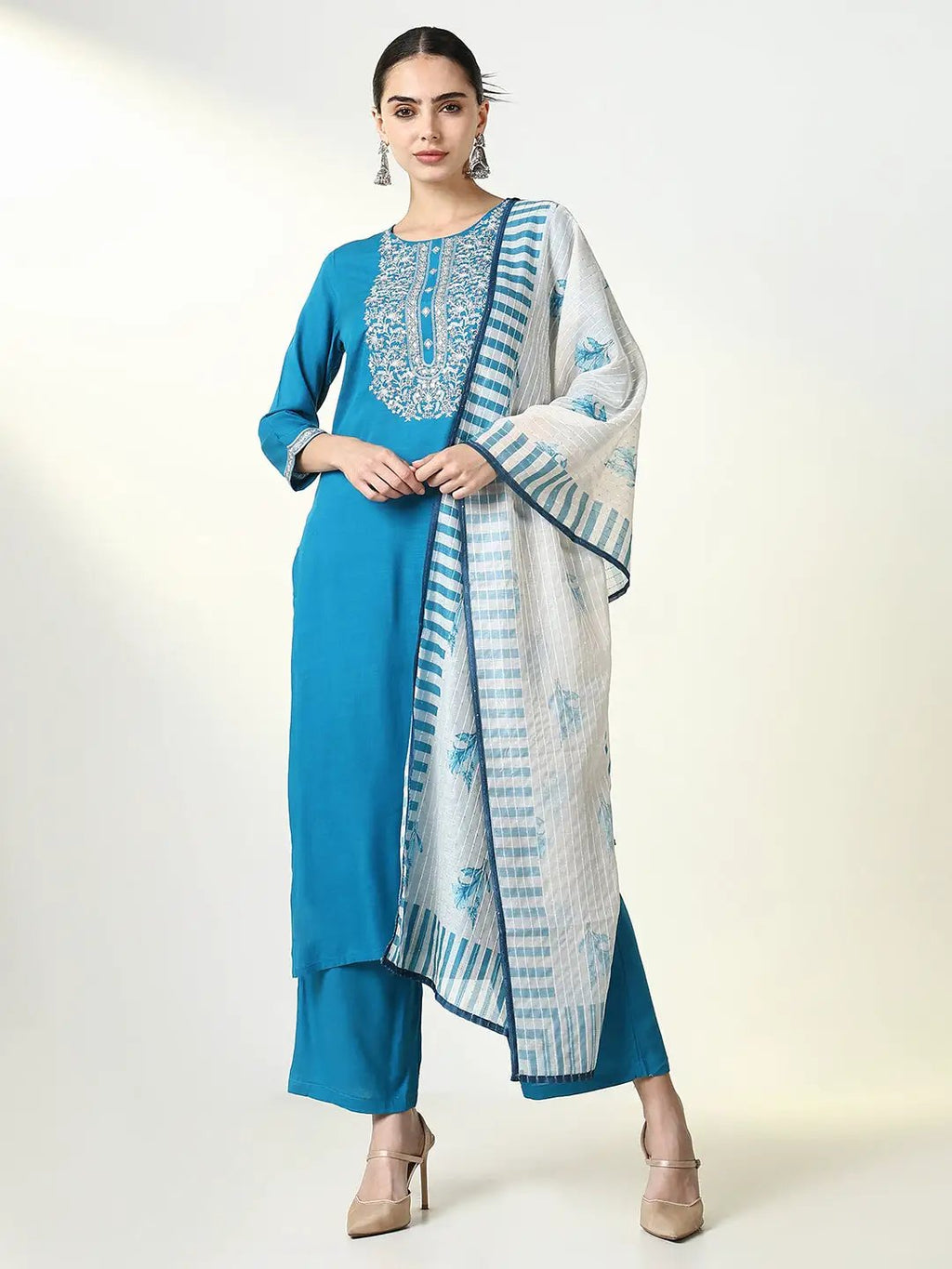Women's Ethnic Solid Blue Straight Kurta Set with Dupatta