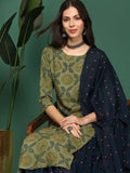Women's Floral Printed Green Straight Kurta Set with Dupatta