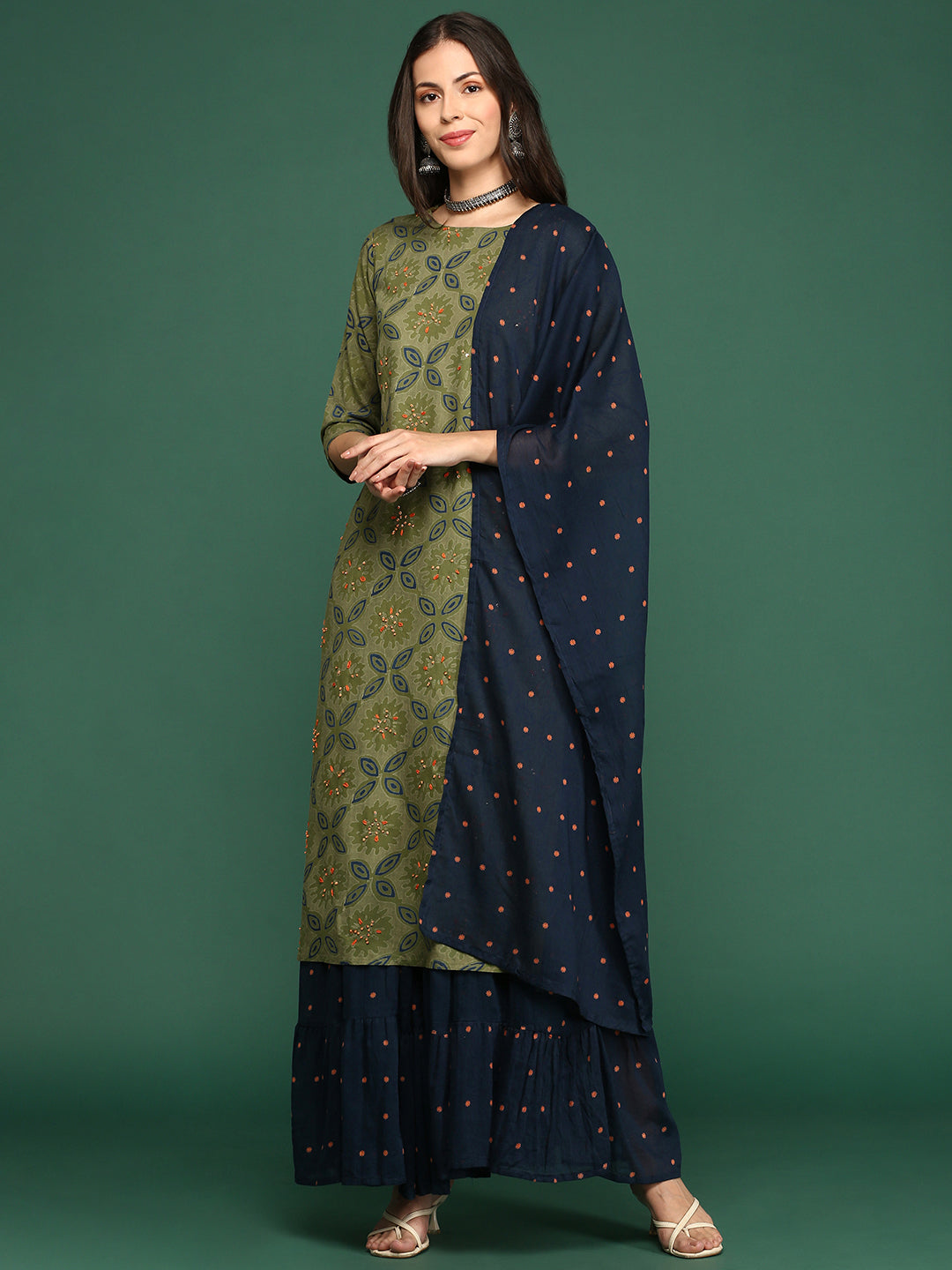 Women's Floral Printed Green Straight Kurta Set with Dupatta
