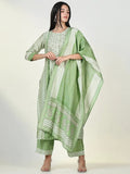 Women's Ethnic Floral Green A Line Kurta Set with Dupatta