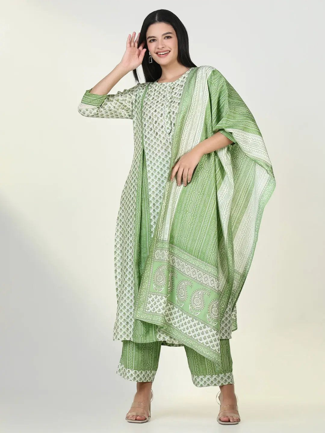 Women's Ethnic Floral Green A Line Kurta Set with Dupatta