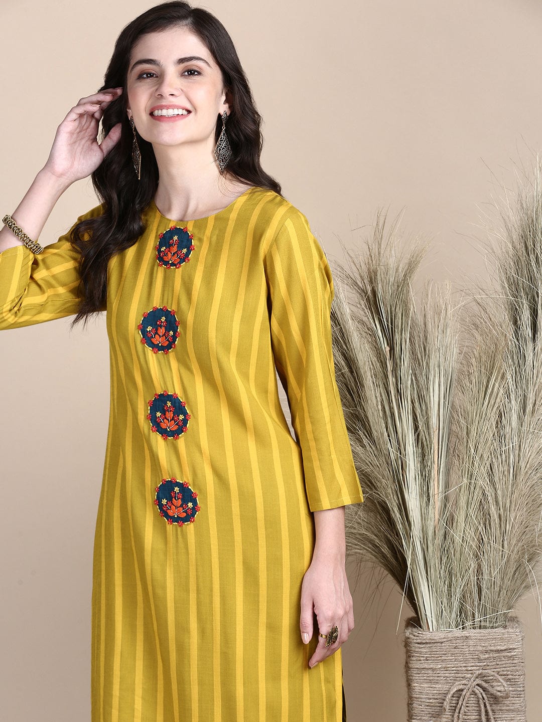 Women's Striped Mustard Straight Kurta Set