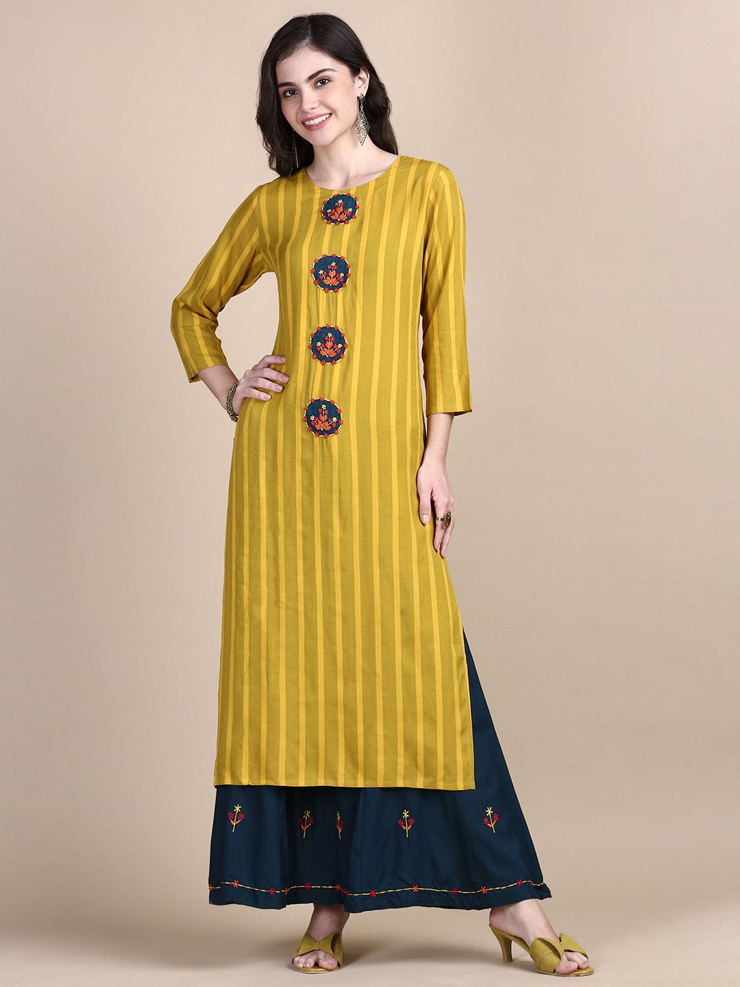 Women's Striped Mustard Straight Kurta Set