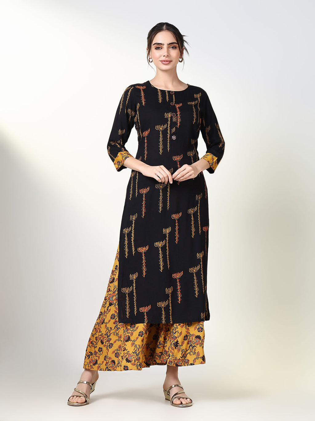 Women's Ethnic Floral Black Straight Kurta Set