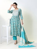 Women's Blue Floral Anarkali Kurta Set with Dupatta
