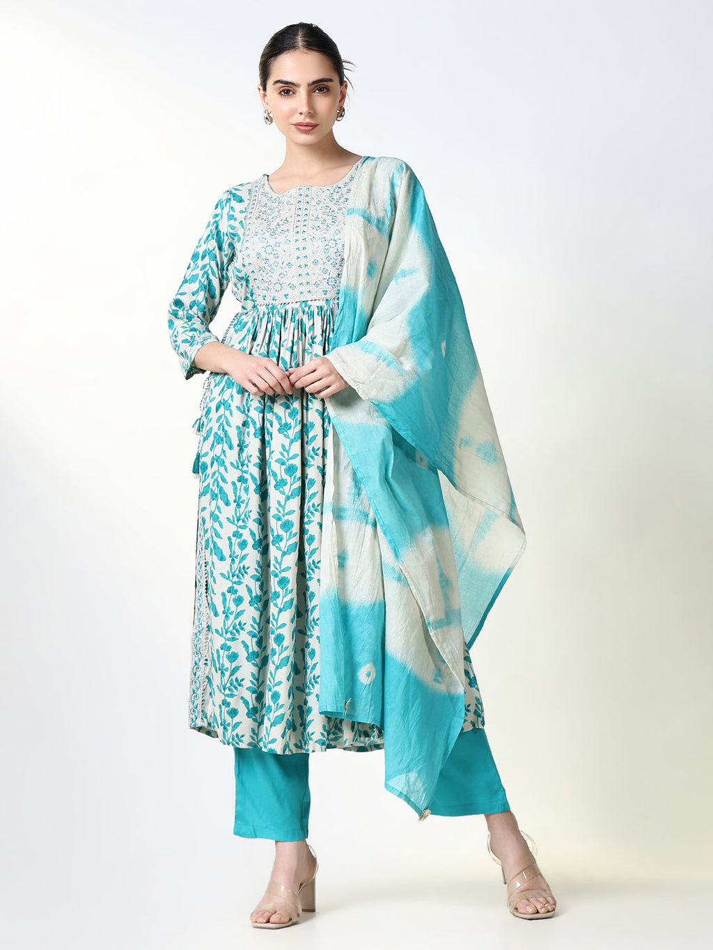Women's Blue Floral Anarkali Kurta Set with Dupatta