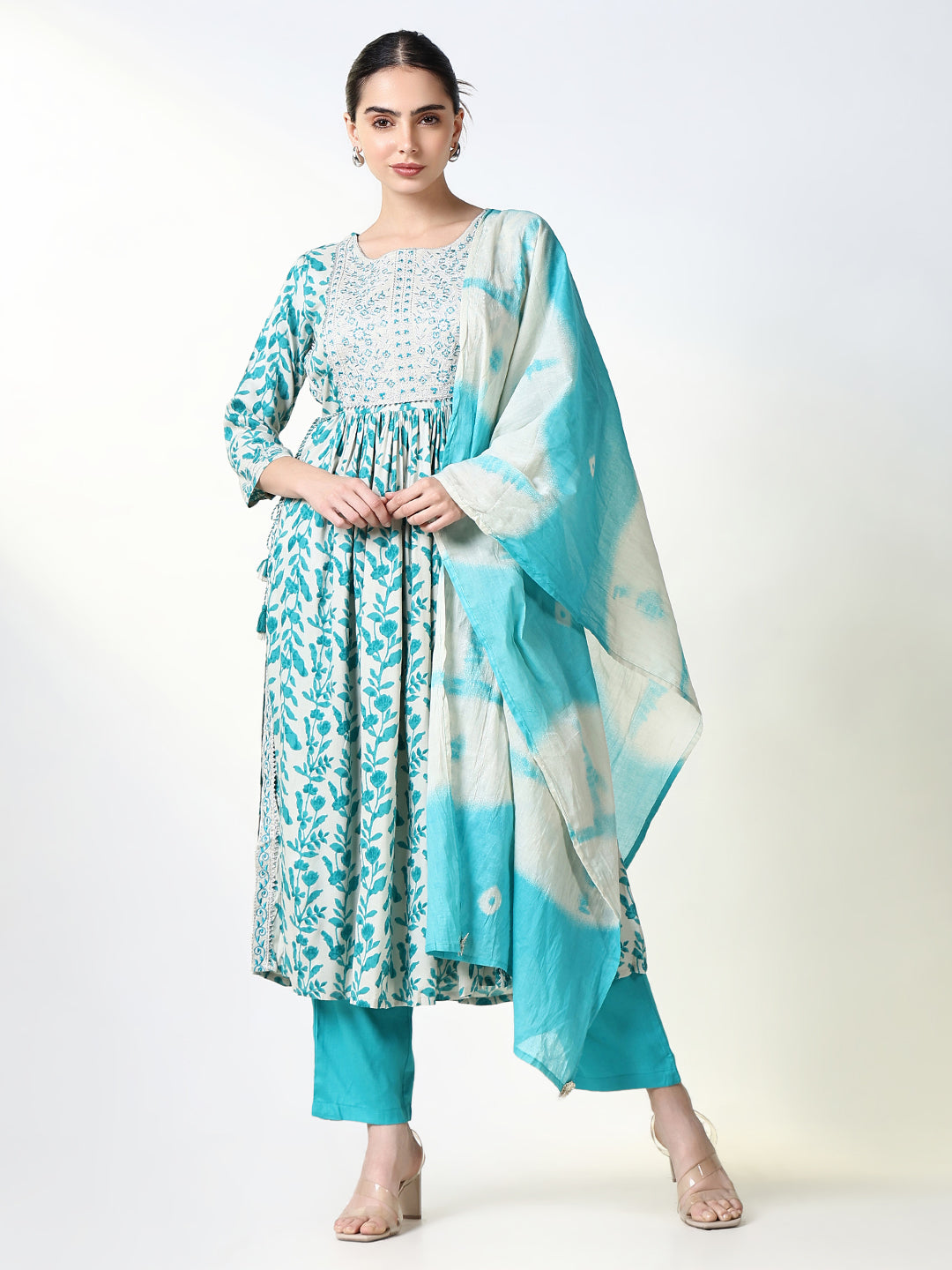 Women's Blue Floral Anarkali Kurta Set with Dupatta