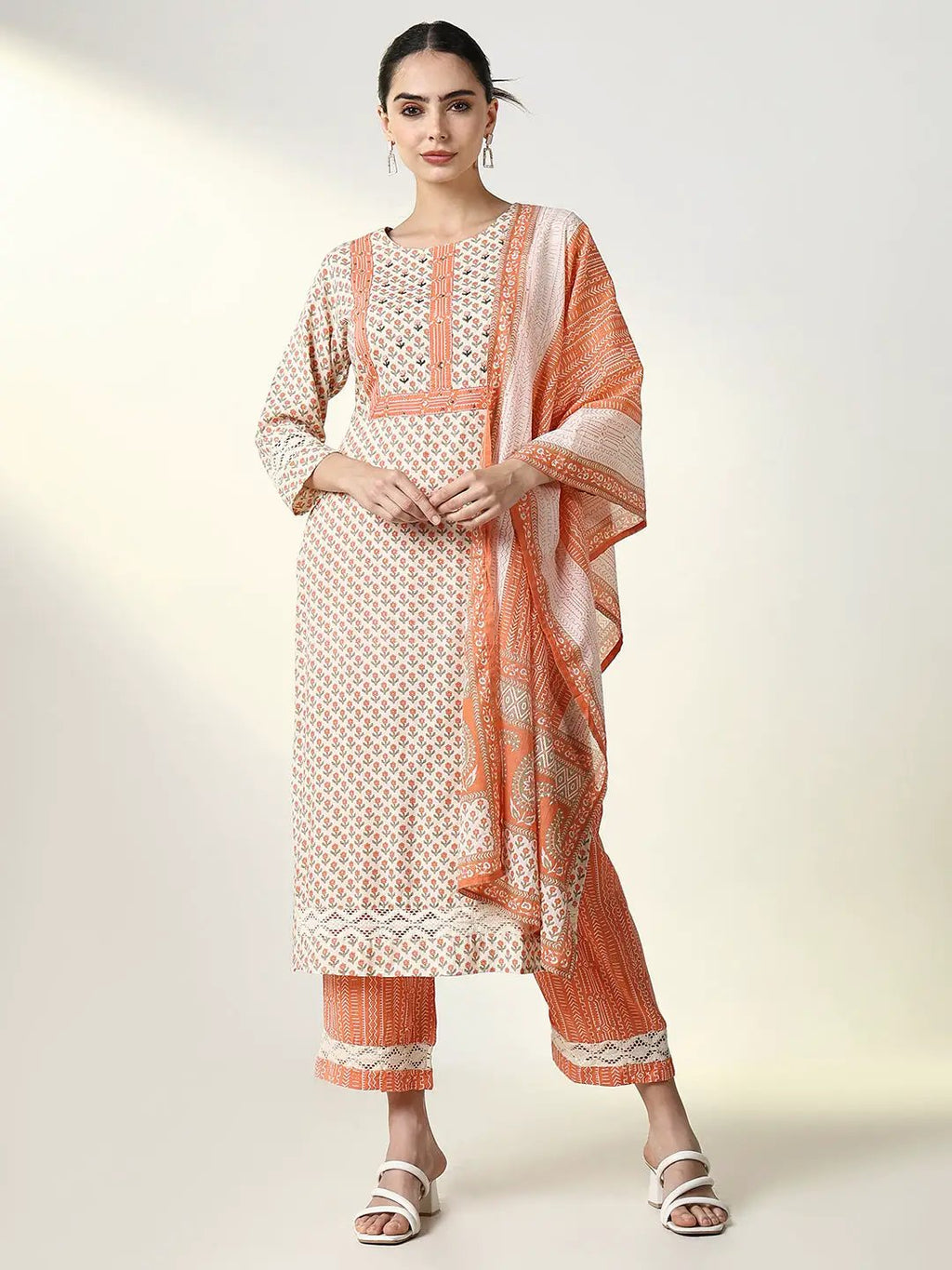 Women's Graphic Orange Straight Kurta Set with Dupatta