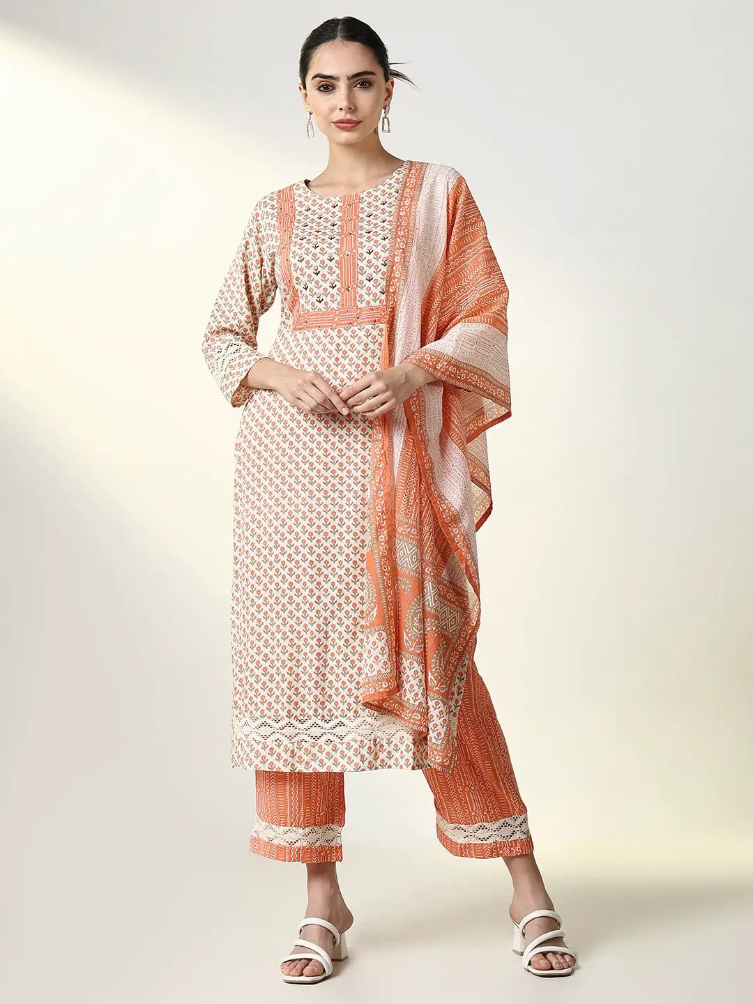 Women's Graphic Orange Straight Kurta Set with Dupatta