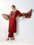 Women's Ethnic Solid Maroon Straight Kurta Set with Dupatta