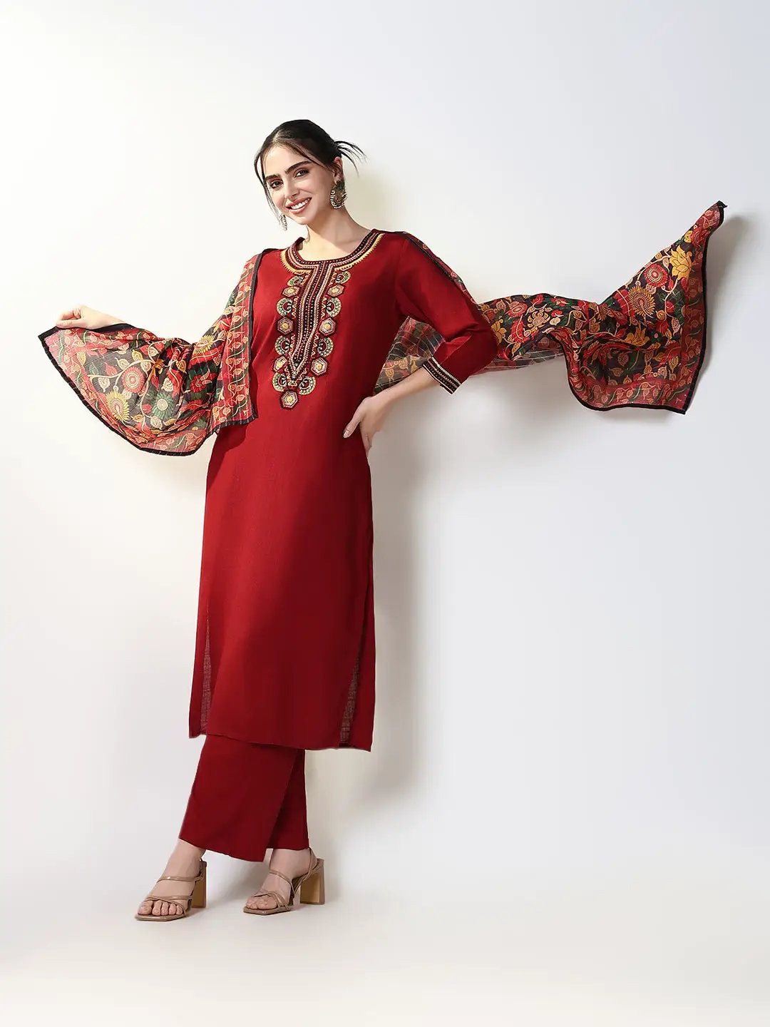 Women's Ethnic Solid Maroon Straight Kurta Set with Dupatta