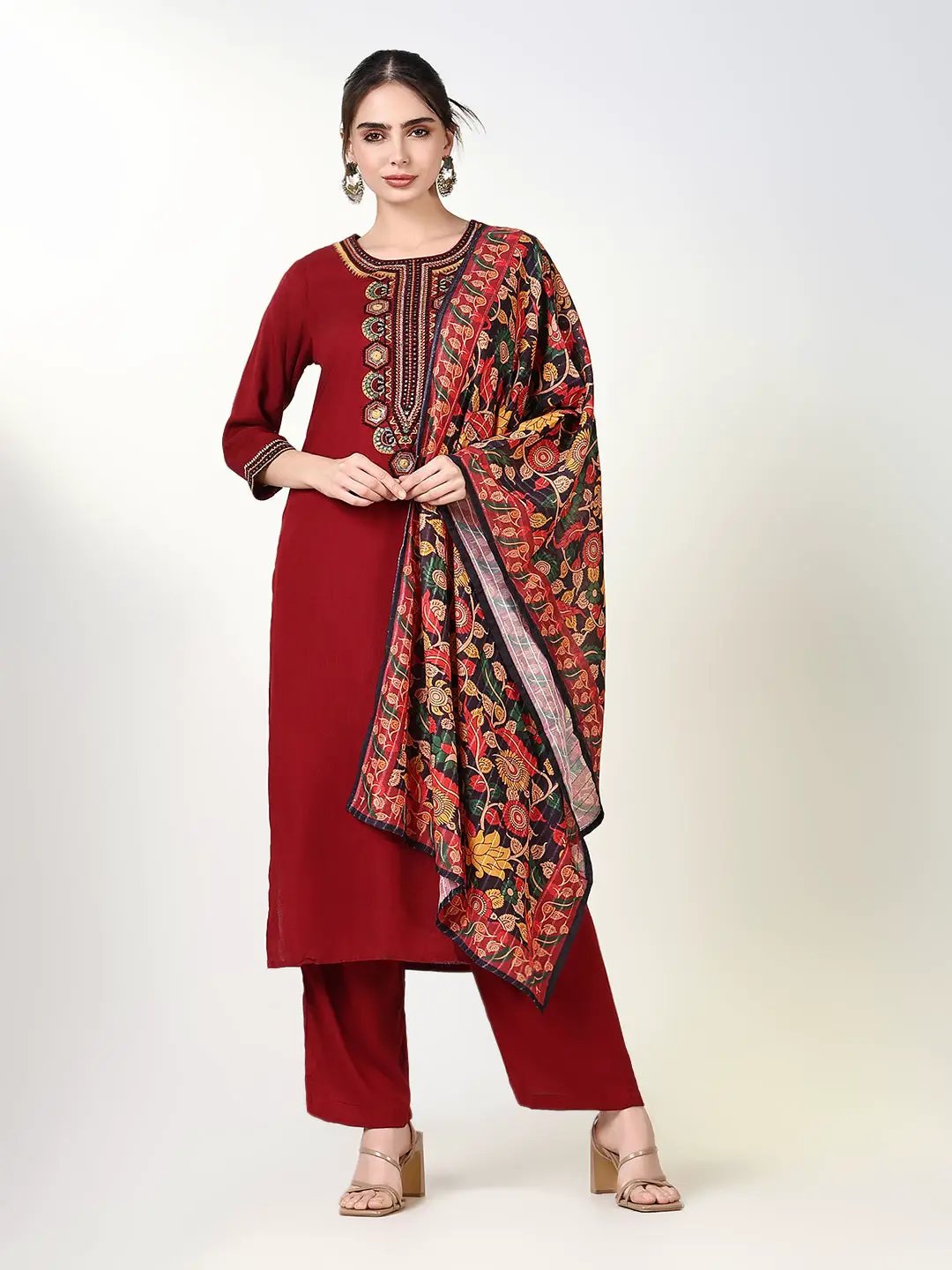 Women's Ethnic Solid Maroon Straight Kurta Set with Dupatta
