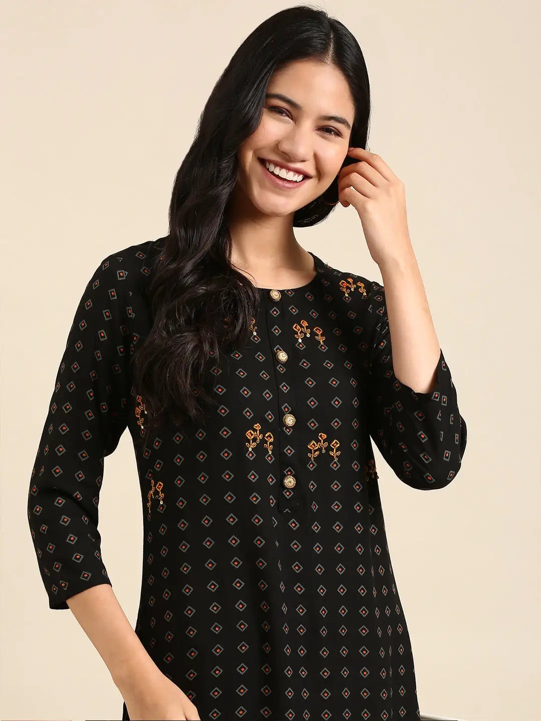 Women's Ethnic Geometric Black Straight Kurta Set