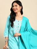 Women's Solid Blue Straight Kurta Set with Dupatta
