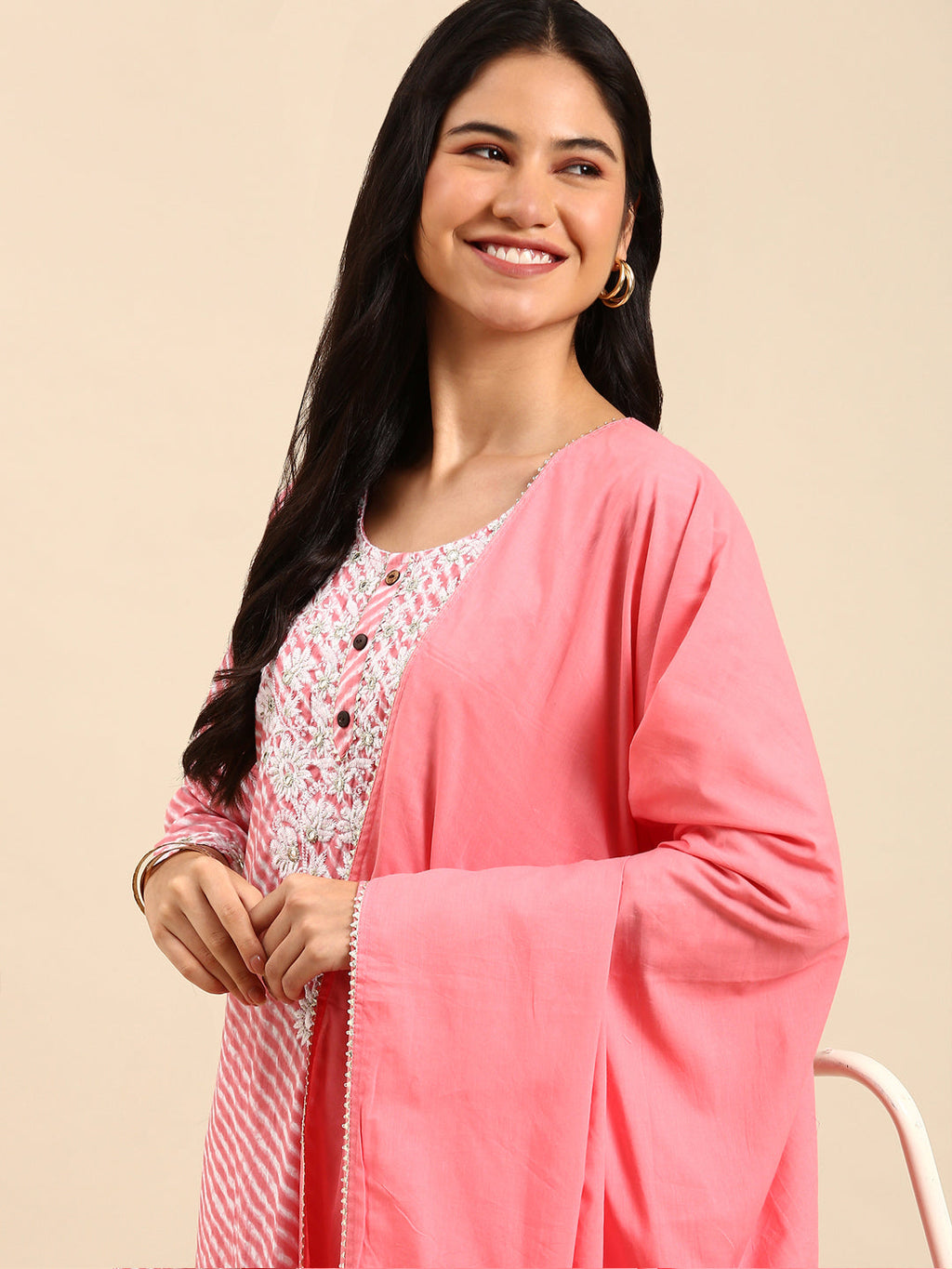Women's Solid Pink Ethnic Straight Kurta Set with Dupatta