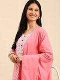 Women's Solid Pink Ethnic Straight Kurta Set with Dupatta