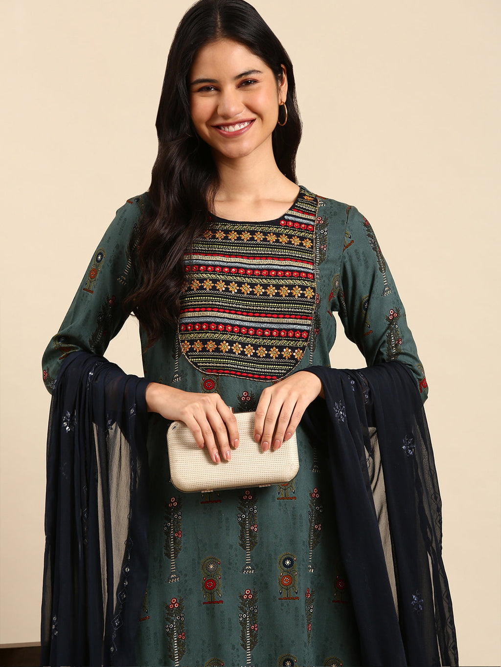 Women's Graphic Ethnic Green Straight Kurta Set with Dupatta